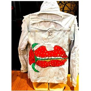 Hand painted unique one-of-a-kind shimmer lip with rose jean jacket